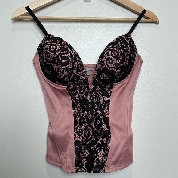 Charlotte Russe Tops - Vtg Y2K Charlotte Russe Satin Corset Top SMALL Deep V Floral Lace Whimsygoth